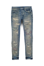 Load image into Gallery viewer, Purple Mid Indigo Tan Repairs Jeans
